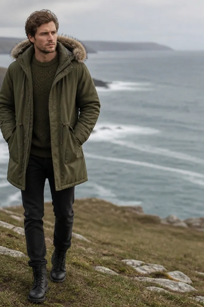A man wears an olive parka with a faux-fur hood over an olive knit sweater. He has black jeans and black waterproof boots. The hood is down and the parka has a drawstring waist with visible pockets.