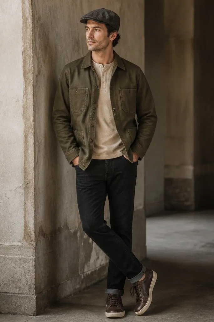 A man wears a washed olive canvas chore jacket over a heavyweight beige henley. He has black jeans and dark brown leather sneakers. A flat cap sits on his head and the jacket has patch pockets.