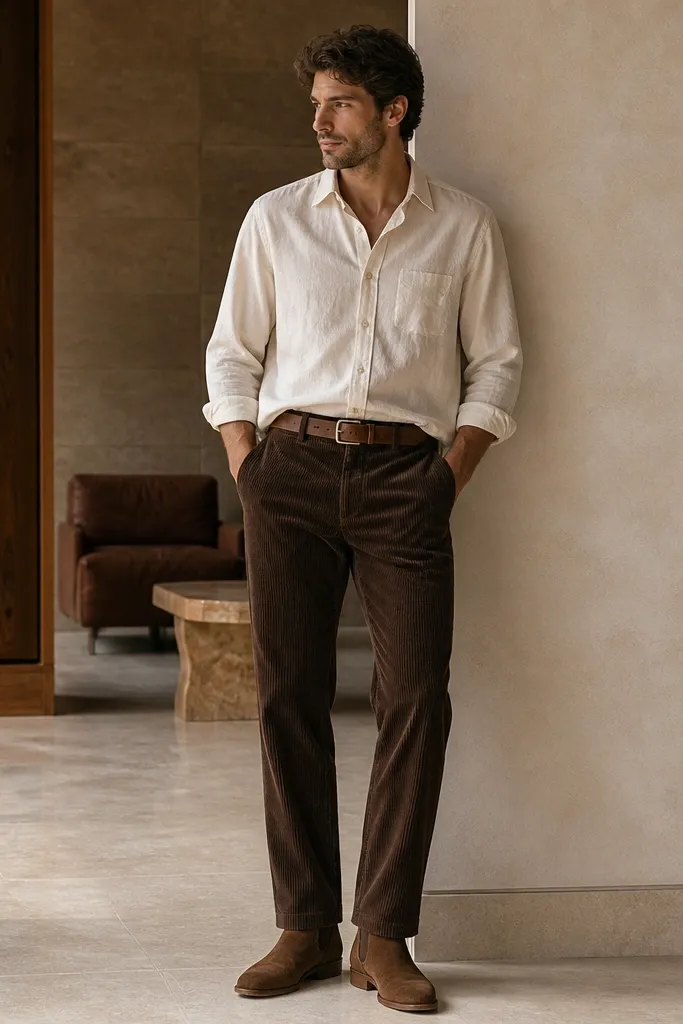 A man wearing dark brown straight-leg corduroy pants paired with a cream poplin button-down; sleeves are rolled once, shirt is half-tucked at the waist, and he wears a tan leather belt and brown suede boots.