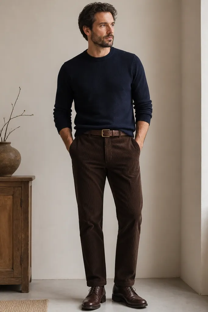 Dark brown corduroy pants with a navy merino crewneck sweater; the sweater is tucked loosely at the front, and the man wears dark brown leather lace-up shoes and a matching belt.