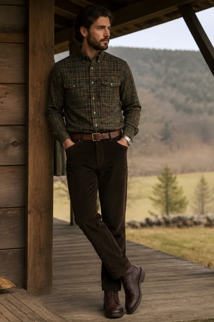 A man in dark brown corduroy pants wearing an olive plaid flannel shirt fully buttoned; he has a brown leather belt and dark brown work boots, with a watch on the wrist.