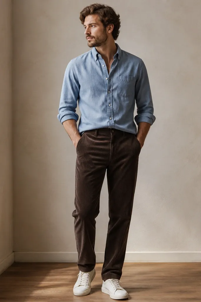 Dark brown corduroy straight pants paired with a light blue chambray button-up; sleeves are rolled, the shirt is tucked at the front, and the man wears white sneakers.