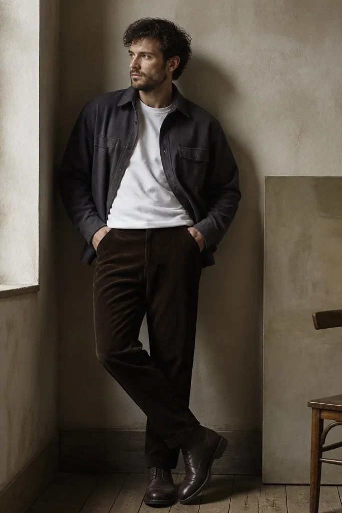Dark brown corduroy pants with a charcoal overshirt layered over a plain white crew tee; the overshirt is unbuttoned, and the man wears black-brown leather boots.