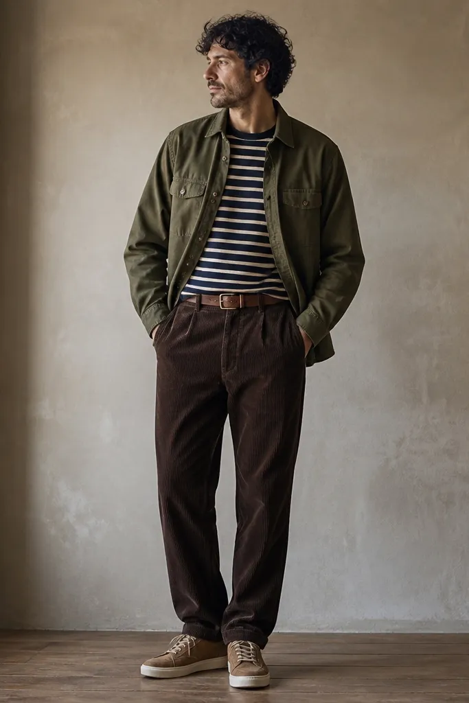 Dark brown corduroy pants with a navy-and-cream striped tee under an olive overshirt; the man wears light brown sneakers and a simple leather belt.