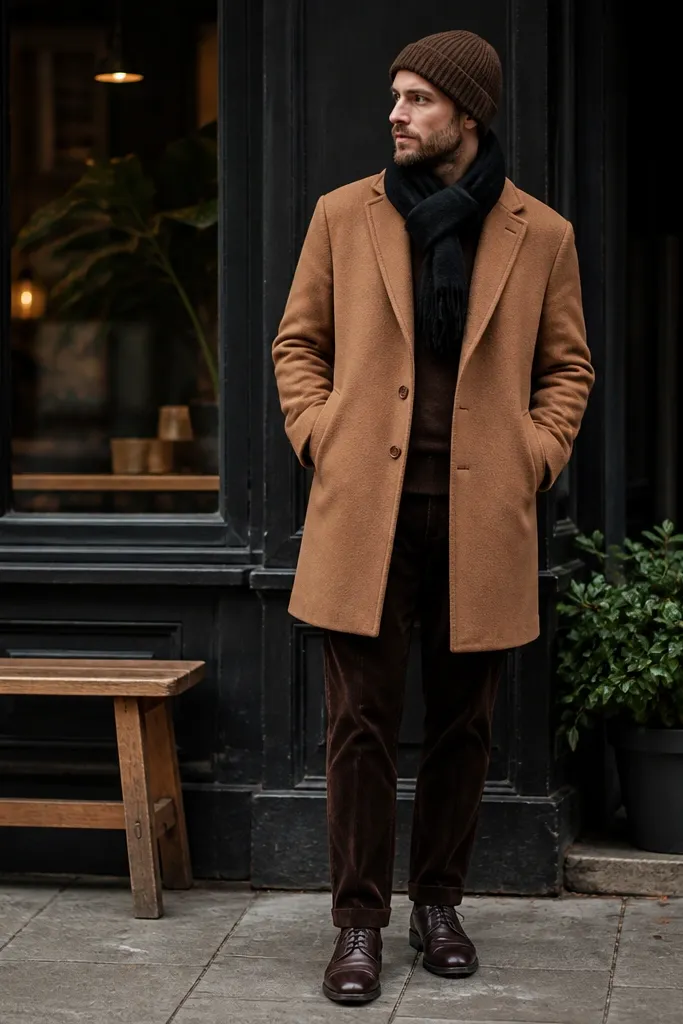 Dark brown corduroy pants under a camel overcoat; a black watch scarf is wrapped at the neck, and the man wears dark brown leather shoes and a wool beanie.