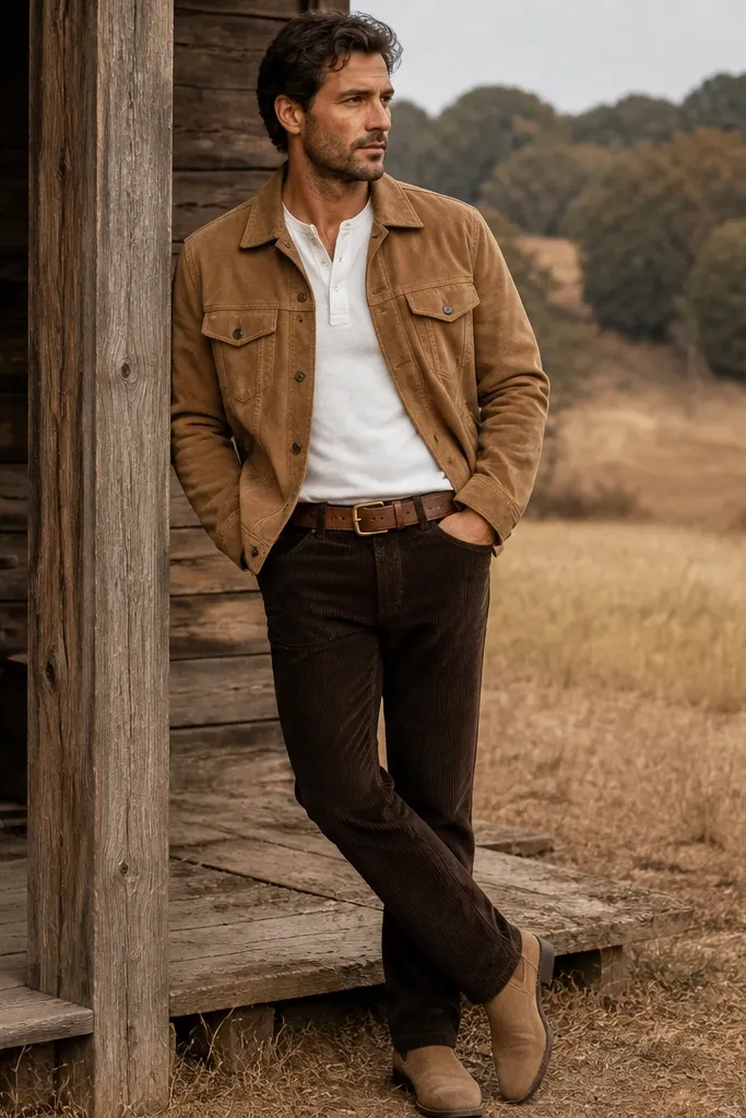 Dark brown corduroy pants paired with a tan suede trucker jacket over a white henley; the man wears tan boots and a leather belt with a brass buckle.