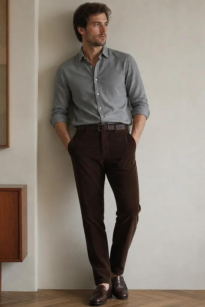 Dark brown corduroy pants with a medium gray button-down shirt; sleeves are rolled, shirt is tucked neatly, and the man wears dark brown loafers.