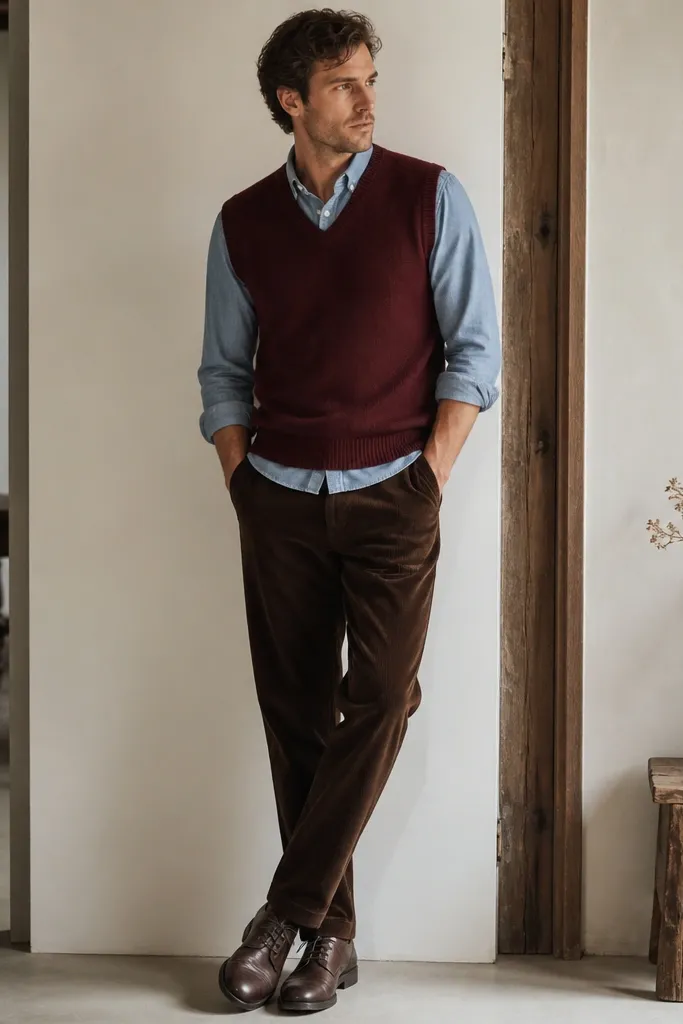 Dark brown corduroy pants worn with a burgundy sweater vest layered over a light chambray shirt; the shirt collar shows above the vest, and the man wears dark brown lace-ups.