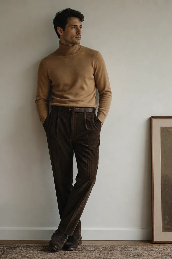Dark brown corduroy pants paired with a camel turtleneck sweater; the turtleneck is snug at the neck, and the man wears dark brown suede shoes and a matching belt.