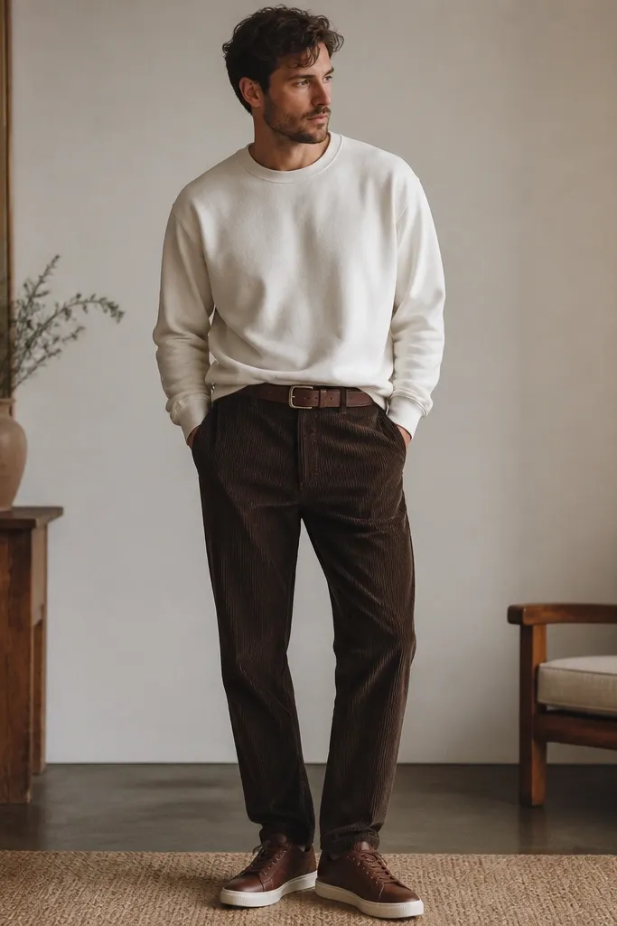 Dark brown corduroy pants with a white heavyweight sweatshirt; the sweatshirt is slightly tucked, and the man wears brown leather sneakers and a brown belt.