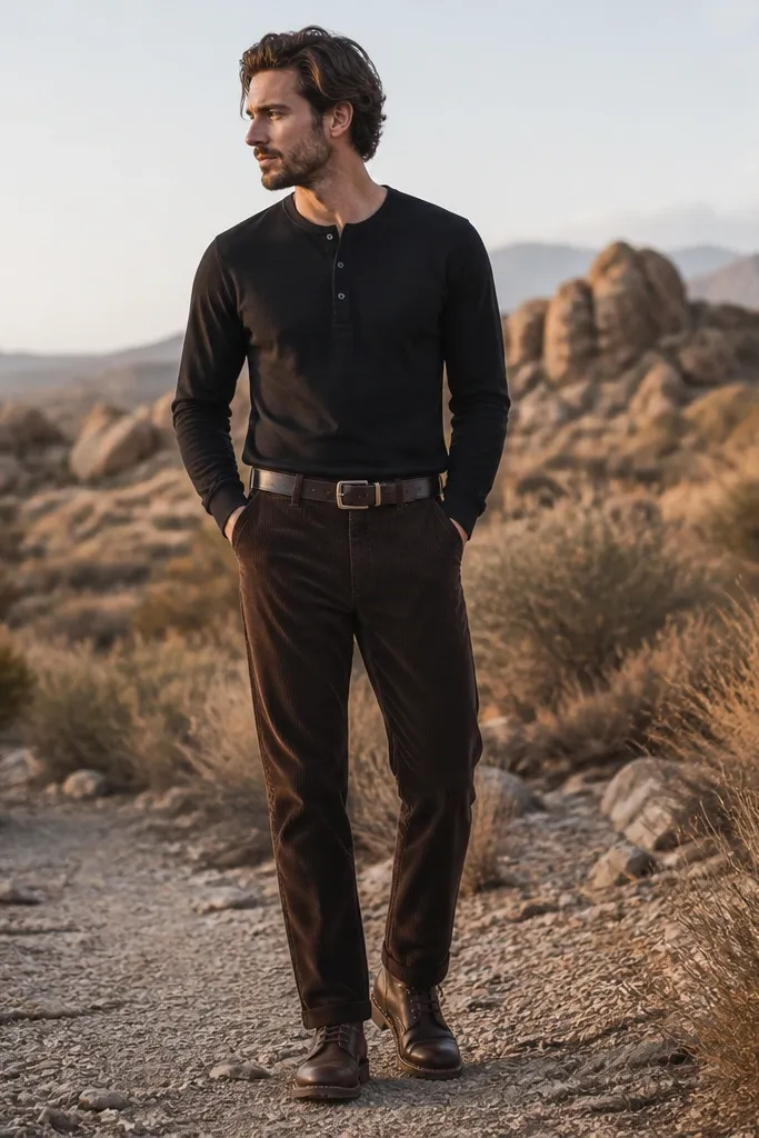 Man wearing a black long-sleeve henley tucked into dark brown straight corduroy pants. A dark belt with a brushed silver buckle sits at the waist. He has copper-trim leather boots with a slightly worn toe cap and thin brown laces. The outfit is shot outdoors in soft late-day light; the corduroy ribs catch highlights and the henley buttons show a matte sheen.