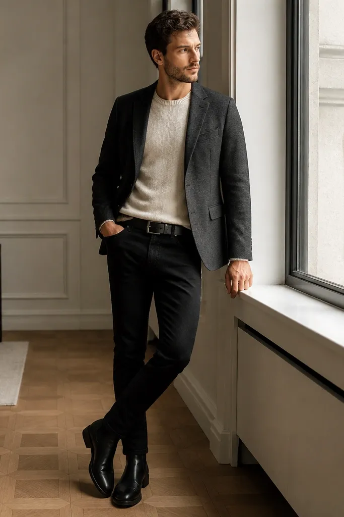 A man in black slim jeans with a light cream crewneck knit, a charcoal wool blazer, and black leather Chelsea boots. A black leather belt is visible at the waist, and the blazer sits straight with clean lapels.