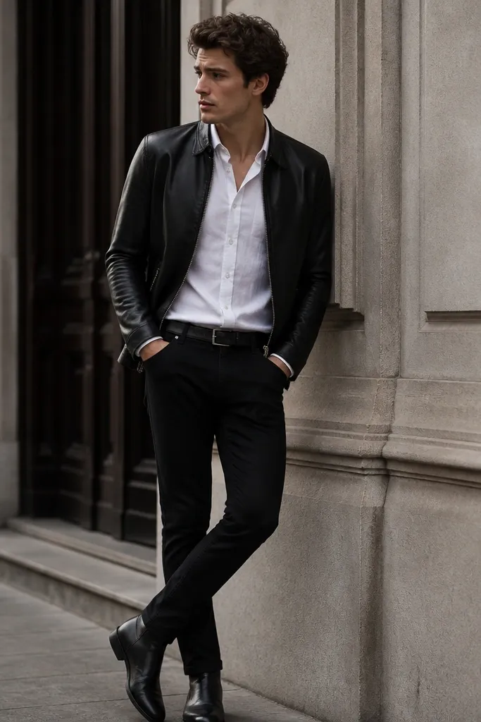 Black jeans paired with a crisp white poplin button-down tucked in, a fitted black leather jacket with a zip front, and black leather boots. The collar is sharp and the shirt has subtle texture.