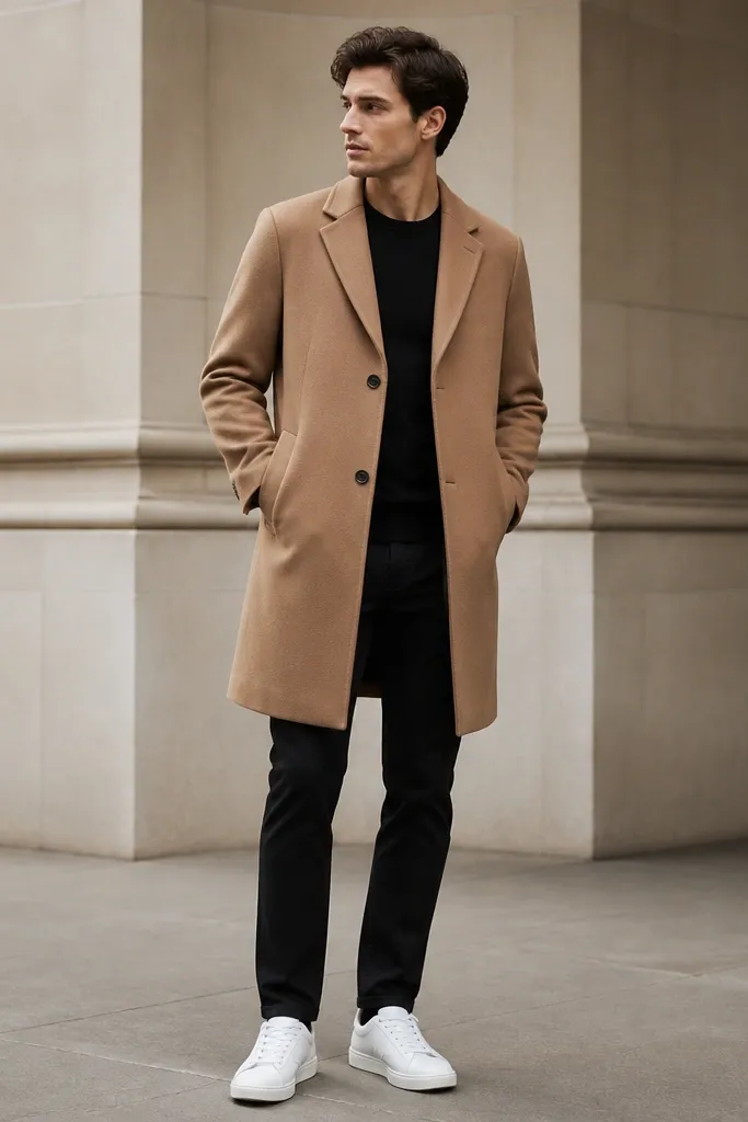 A camel overcoat worn over a black crewneck knit tee, black jeans, and clean white sneakers. The coat is buttoned at the front and the jeans have a straight or slim leg.