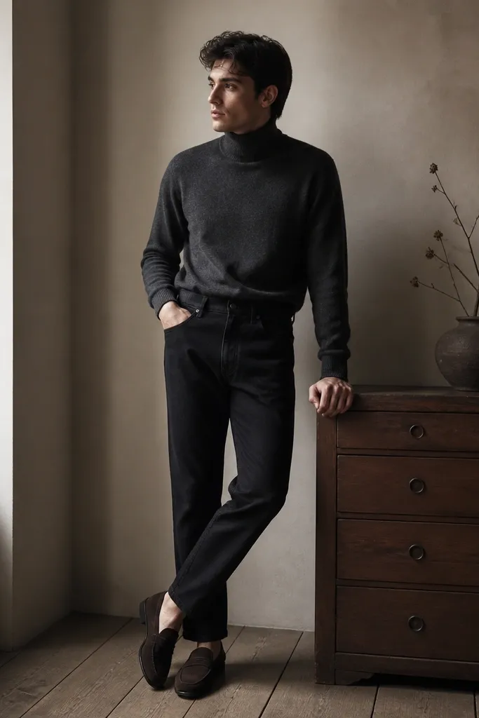 A charcoal turtleneck sweater tucked into black jeans with a subtle taper, paired with dark brown suede loafers. The overall look is monochrome with soft textures.