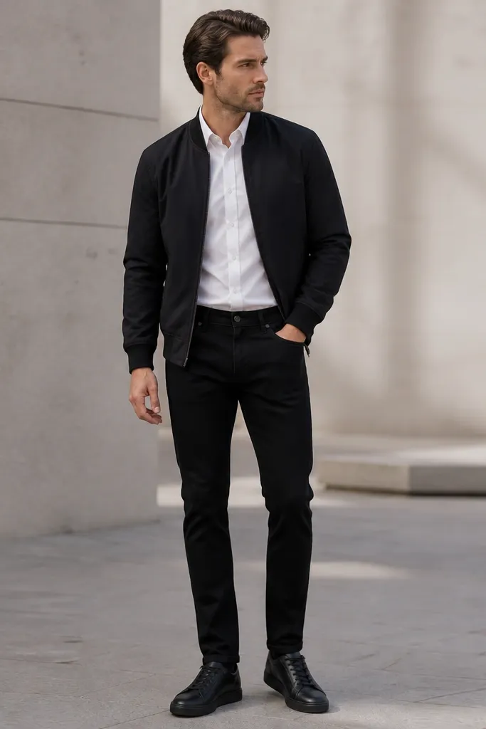 Black jeans with a white Oxford button-down rolled sleeves, a dark bomber jacket with a clean ribbed collar, and black leather sneakers. The shirt hem sits inside the jeans.