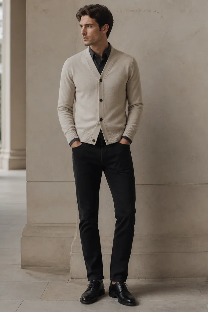 Black jeans paired with an oatmeal cardigan buttoned in the front, a dark shirt underneath, and black leather derby shoes. The cardigan has a close fit and clean buttons.