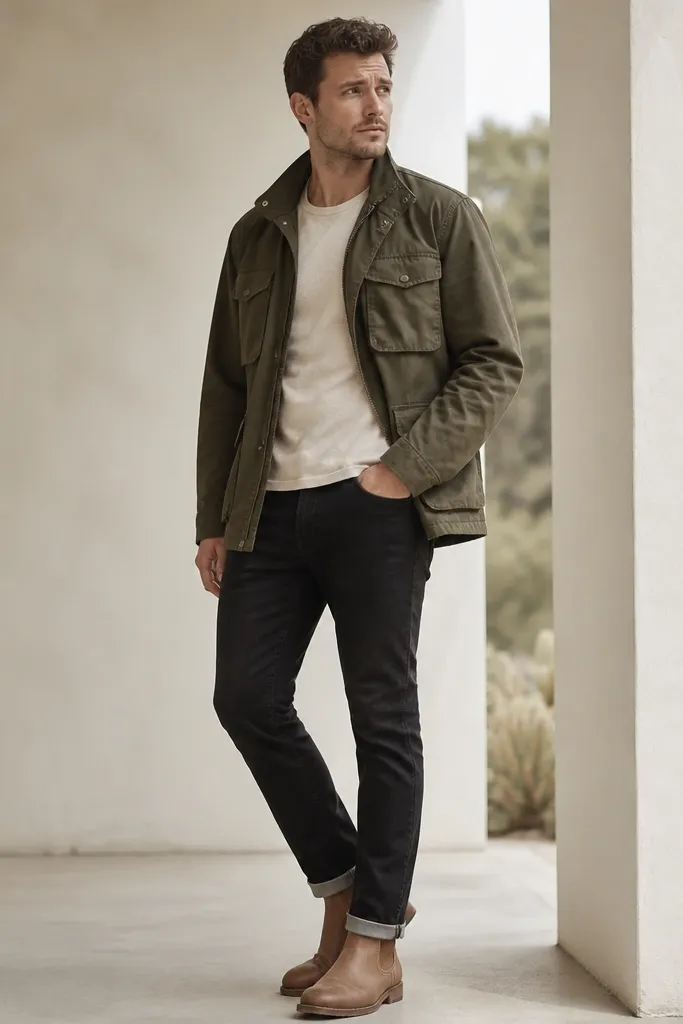 Black jeans with an off-white crewneck tee, an olive field jacket worn open, and tan leather boots. The jacket has a structured collar and visible pockets.