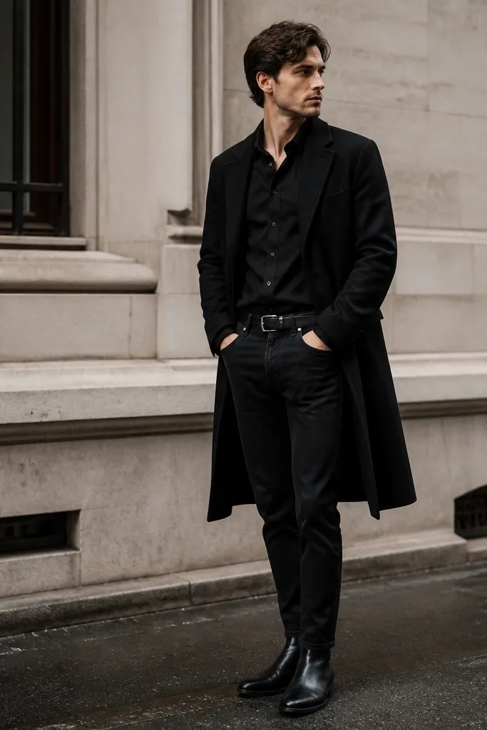 A black button-down shirt tucked into black jeans, layered with a long black wool coat. Black leather boots finish the look, and the overall palette is fully black.