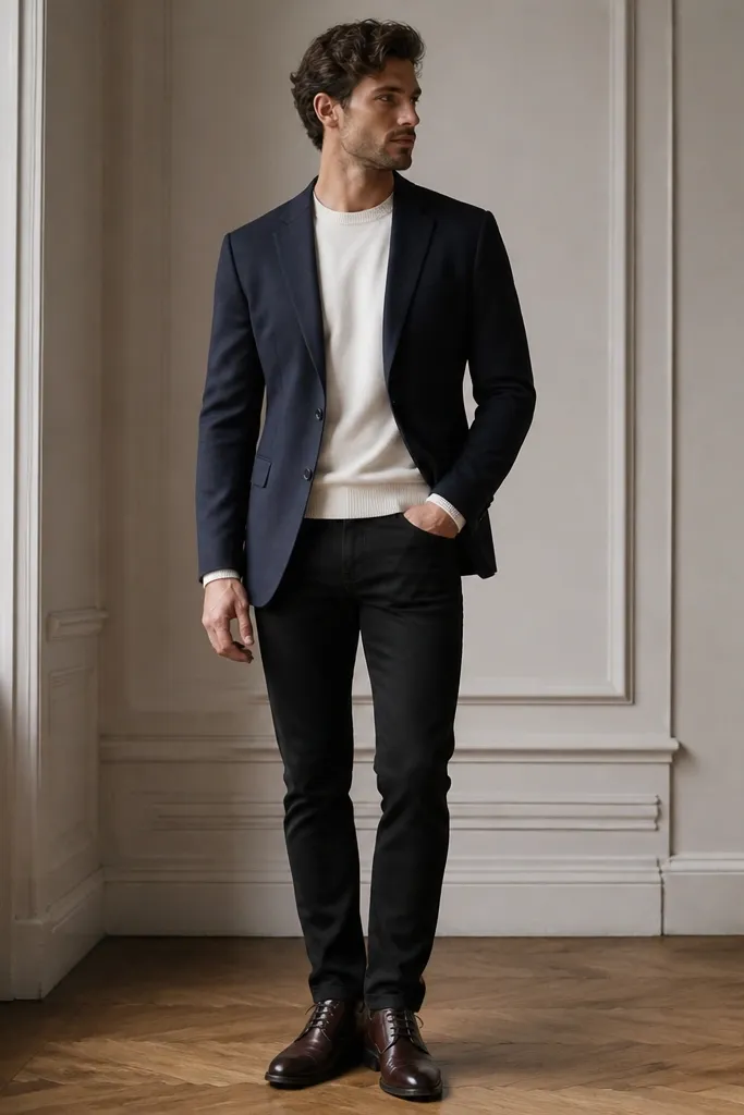 Black jeans with a white crewneck sweater, a navy blazer, and dark brown leather lace-up shoes. The blazer is fitted at the waist and the shoes have a classic toe shape.