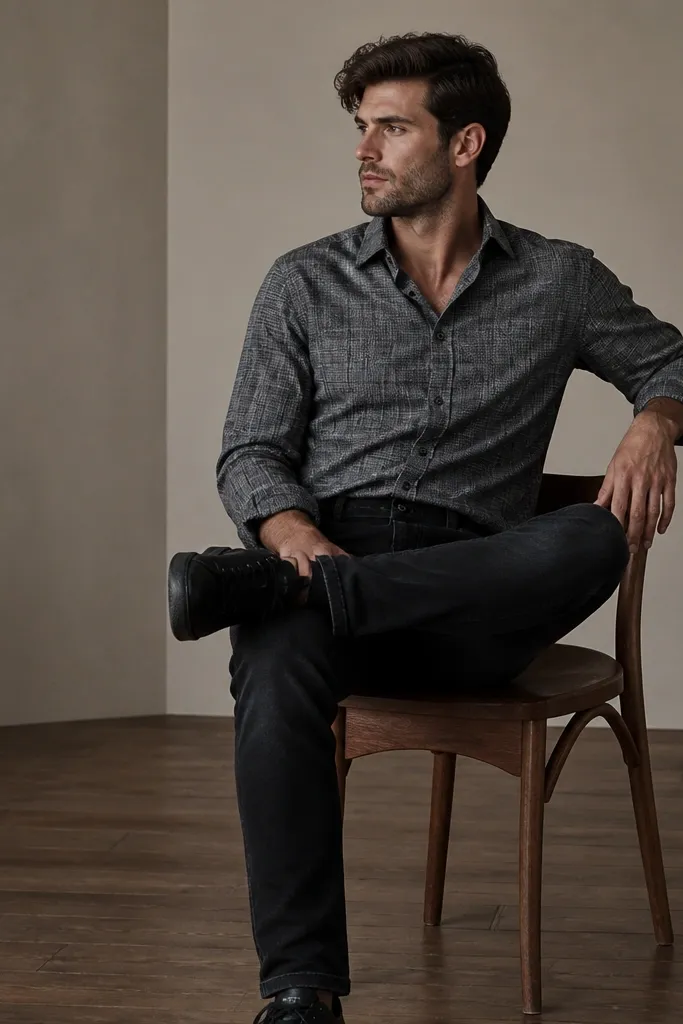 Black jeans with a gray flannel shirt worn buttoned and slightly open at the collar, plus black leather sneakers. The flannel has visible texture and the shirt hem is tucked.