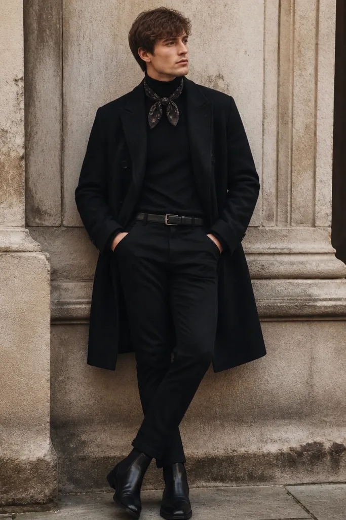 A black turtleneck under a dark overcoat with a small patterned silk scarf tied near the neck. Black jeans and black boots complete the look.
