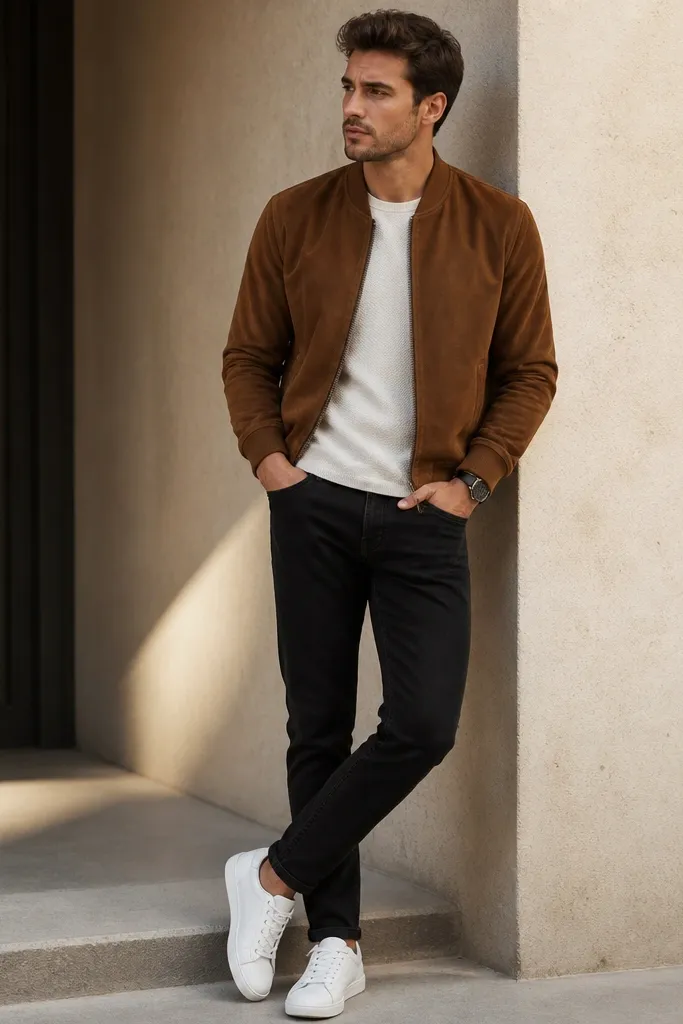 Black jeans with a white textured tee, a light-to-medium brown suede bomber jacket, and a dark watch. Shoes are simple white sneakers with a clean sole.