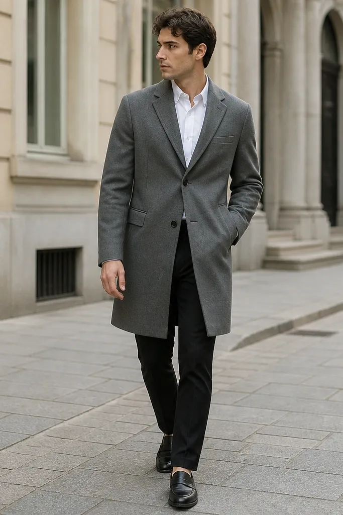 Black jeans with a white button-down tucked in, a gray overcoat, and black leather loafers. The shirt is neatly pressed and the coat is buttoned.