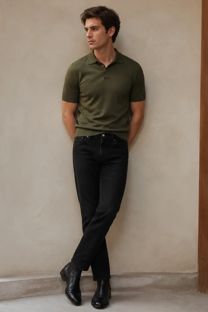 Black jeans paired with an olive knit polo shirt, tucked slightly at the front, and black leather boots. The polo collar sits flat and the sleeves are neat.
