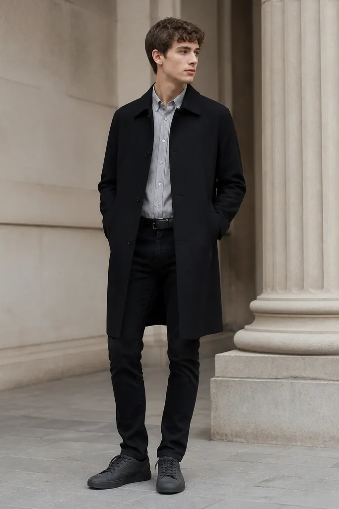 Black jeans with a subtle striped dress shirt tucked in, a black overcoat, and dark gray sneakers. The stripes are fine and the overcoat is clean and buttoned.