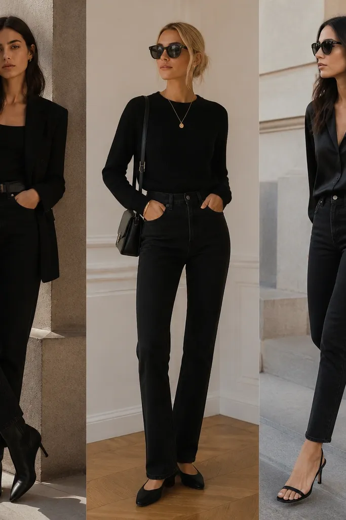 Luxe high end black jeans outfit ideas