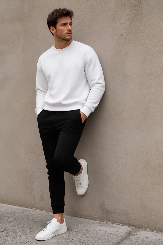 A man wearing black Adidas tapered sweatpants with a slightly cropped white crewneck sweatshirt. Clean white low-top sneakers. The waistband sits flat, and the hem ends just above the ankle. The photo shows a simple street look against a neutral wall.