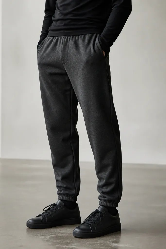 Charcoal Adidas jogger sweatpants with elastic cuffs. A black mock-neck long-sleeve top. Black leather-look low sneakers with minimal branding. The outfit is photographed from the waist down to show the clean cuff break.