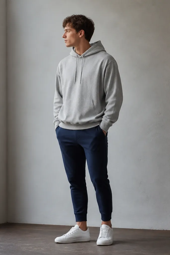 Navy Adidas sweatpants paired with a heather gray hoodie. White trainers with a simple sole. The hoodie sleeves fall naturally, and the navy pants have a tapered leg ending above the ankle.