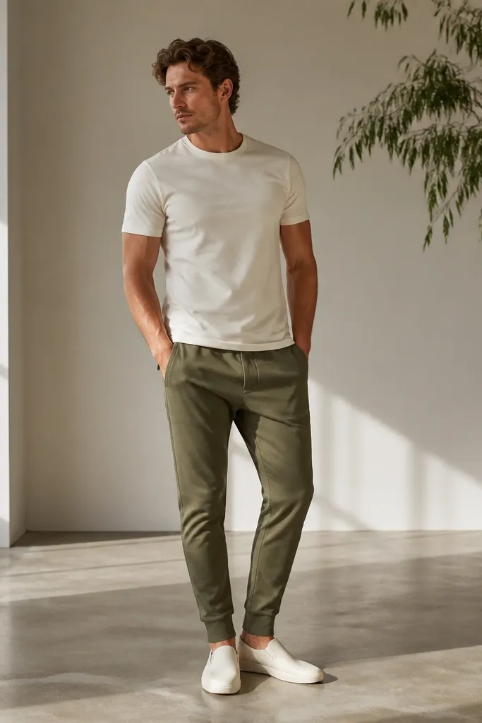 Olive Adidas tapered sweatpants worn with a cream fitted t-shirt. Simple canvas slip-on shoes in off-white. The hem sits cleanly around the ankle, showing a neat shoe break.