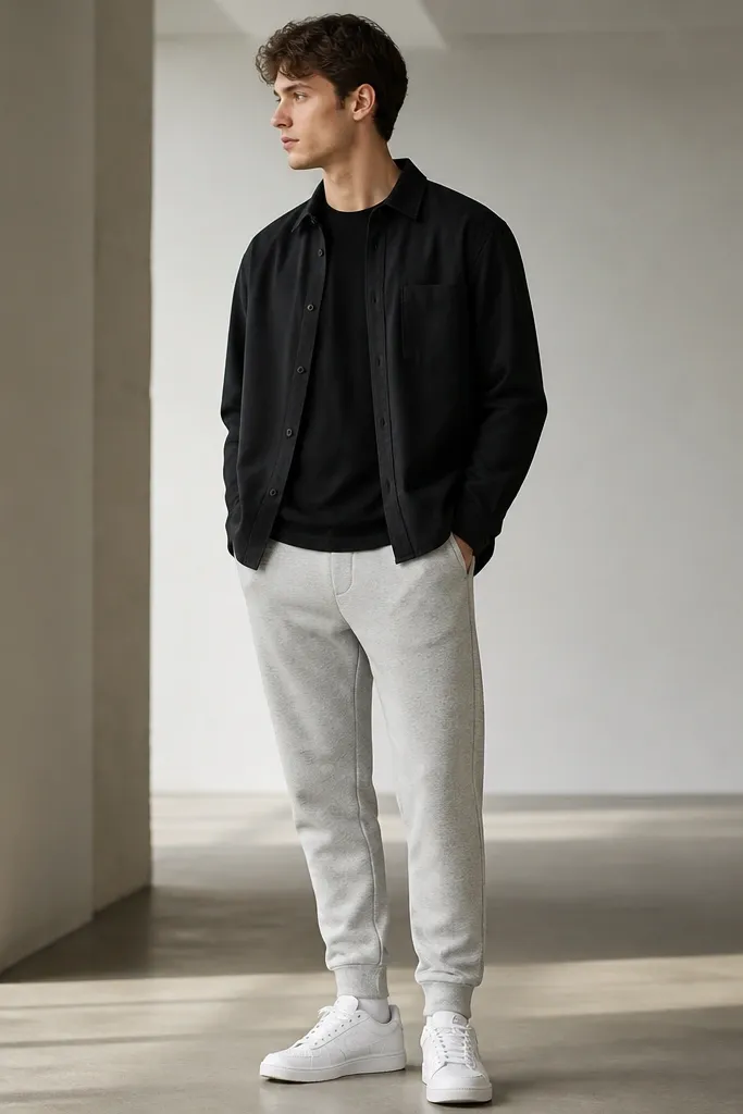 Light gray Adidas sweatpants paired with a black overshirt worn open. A plain black t-shirt underneath. White sneakers. The overshirt hem sits around upper hip, and the pants taper down.