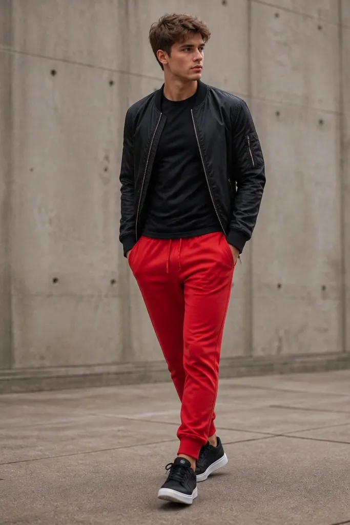 Red Adidas sweatpants with a tapered leg. A black fitted short-sleeve tee. A black bomber jacket worn open. Black sneakers with a clean white sole line.
