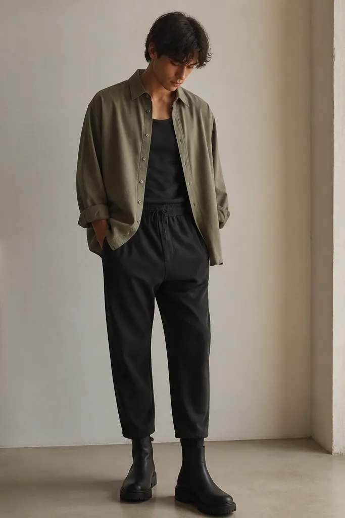Black Adidas sweatpants paired with an olive oversized button-up shirt worn open. Black boots with a matte finish. The sweatpants hem sits above the boot opening.