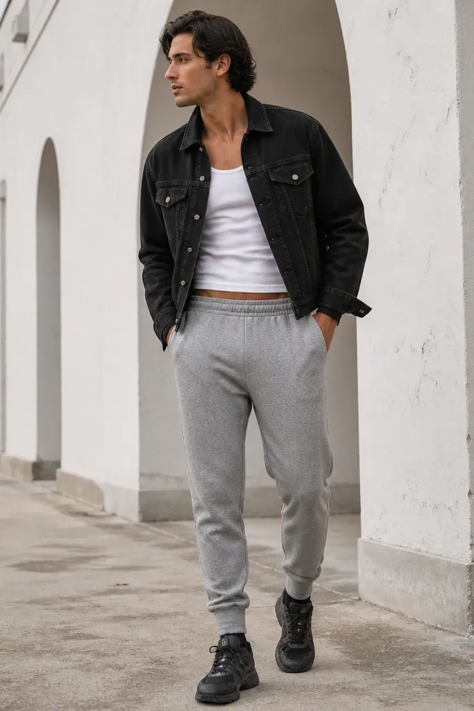 Gray marl Adidas sweatpants with a tapered leg. A white tank top. A black denim jacket worn open. Dark sneakers. The photo highlights the jacket hem sitting above the waistband.