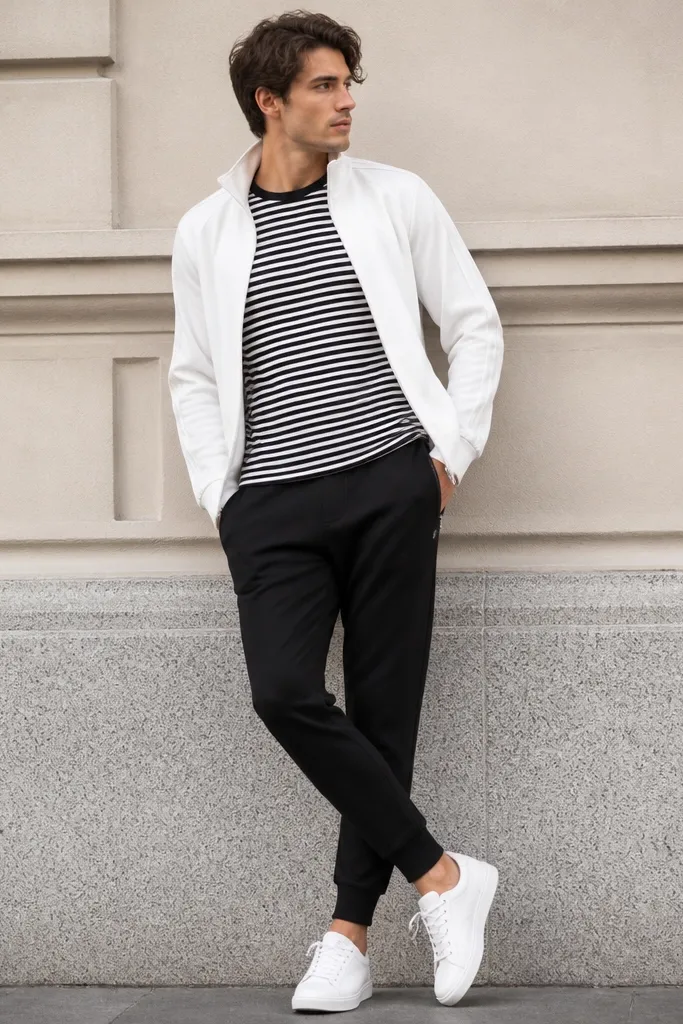 Black Adidas joggers with a clean cuff. A black-and-white striped tee underneath. A white track jacket worn open. White sneakers. The outfit looks sporty and photo-ready.