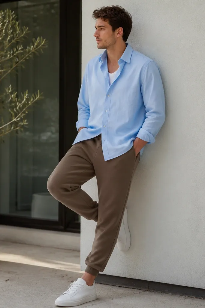 Brown Adidas sweatpants with tapered legs. A light blue oxford button-up worn partially open. White sneakers. The shirt collar is visible and the outfit looks clean and casual.