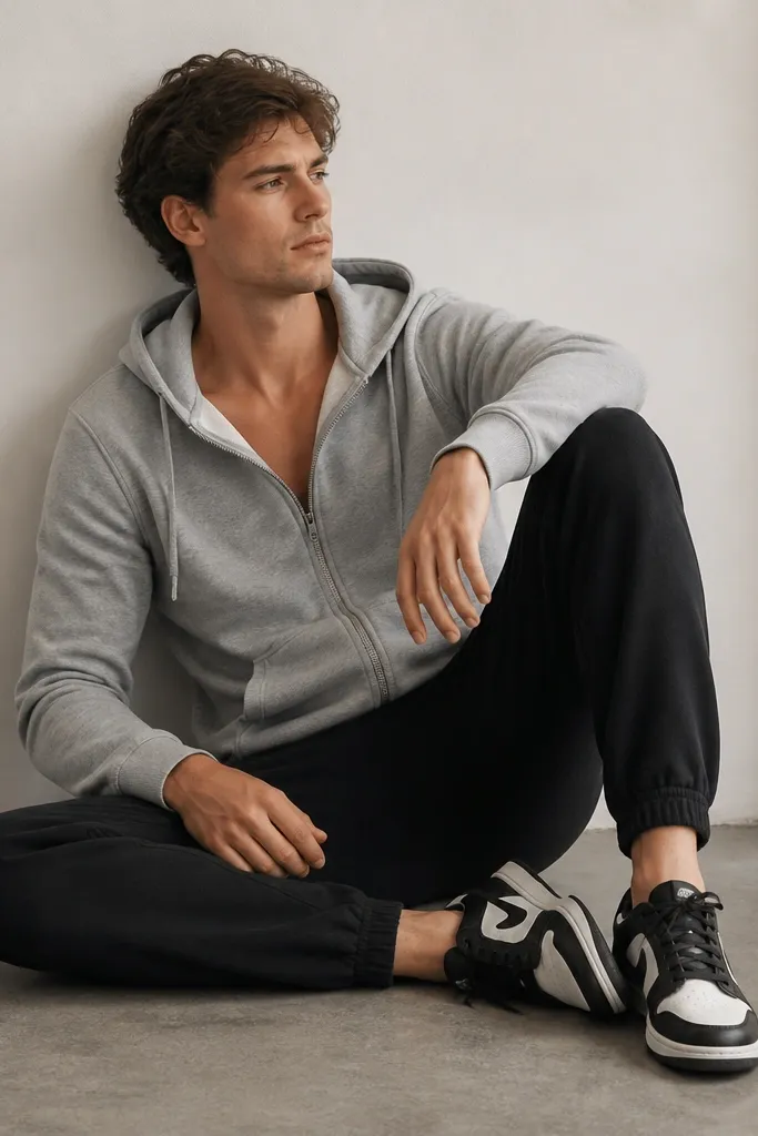 Black Adidas sweatpants paired with a heather gray zip hoodie. Sneakers are black-and-white with a low profile. The hoodie is unzipped slightly, showing the neck line.