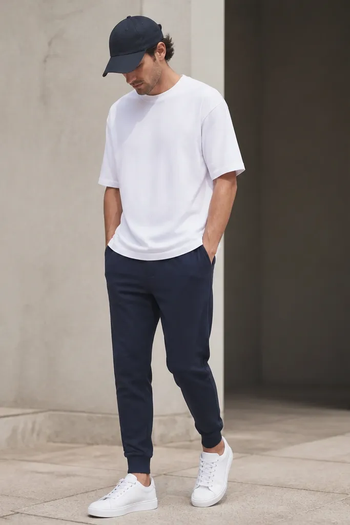 Navy Adidas sweatpants with a tapered fit. A white oversized tee worn slightly long. Navy baseball cap. White sneakers. The tee hangs, but the sweatpants hem stays clean at the ankle.