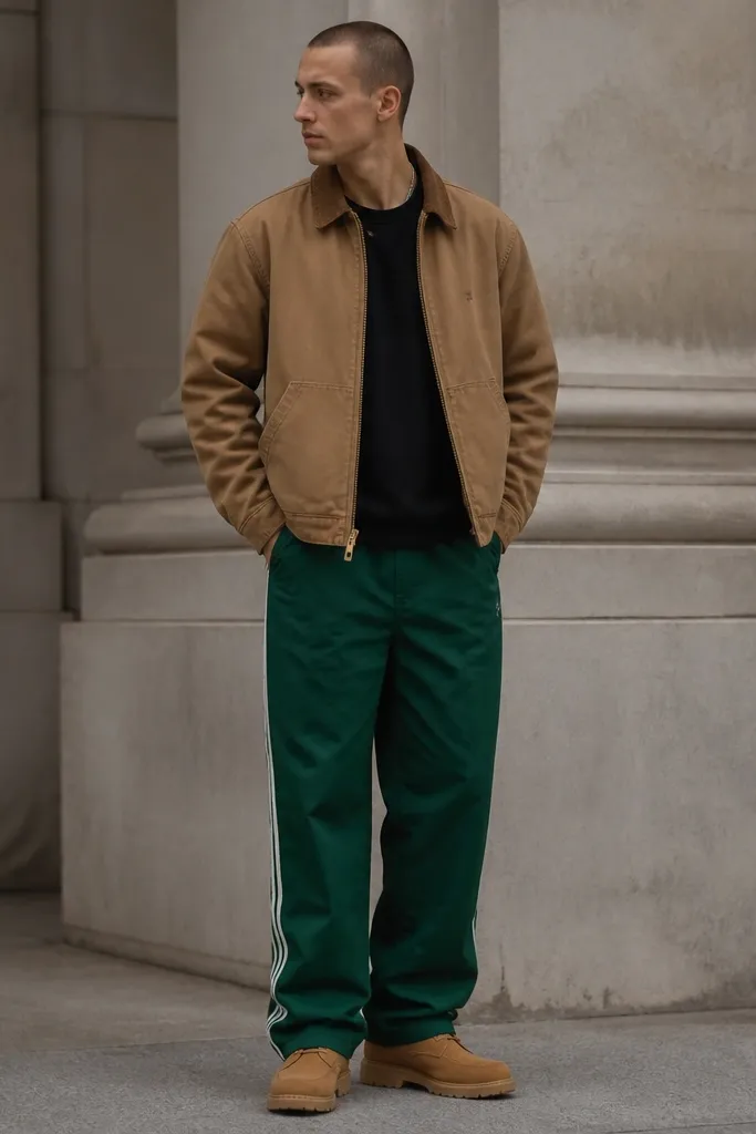 Green Adidas sweatpants worn with a black t-shirt. A tan workwear jacket is open over the tee. Tan-brown sneakers or boots. The jacket hem ends around the mid-hip.