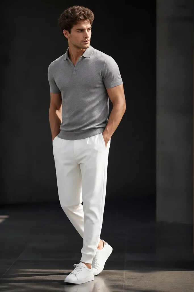 White Adidas sweatpants with a tapered leg. A gray knit polo shirt with a slightly higher collar. Clean white sneakers. The outfit looks bright and crisp against a darker background.