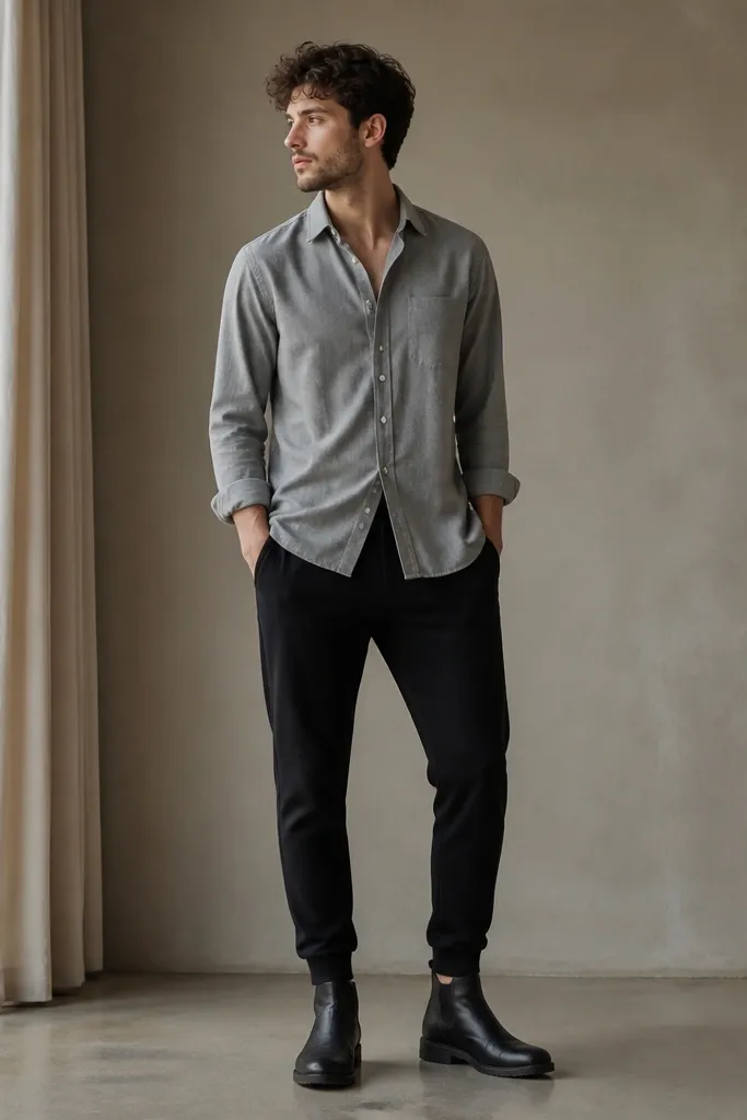 Black Adidas sweatpants with a tapered leg. A gray oxford button-up shirt worn slightly open. Black Chelsea boots. The shirt collar is visible and the boots create a strong bottom line.