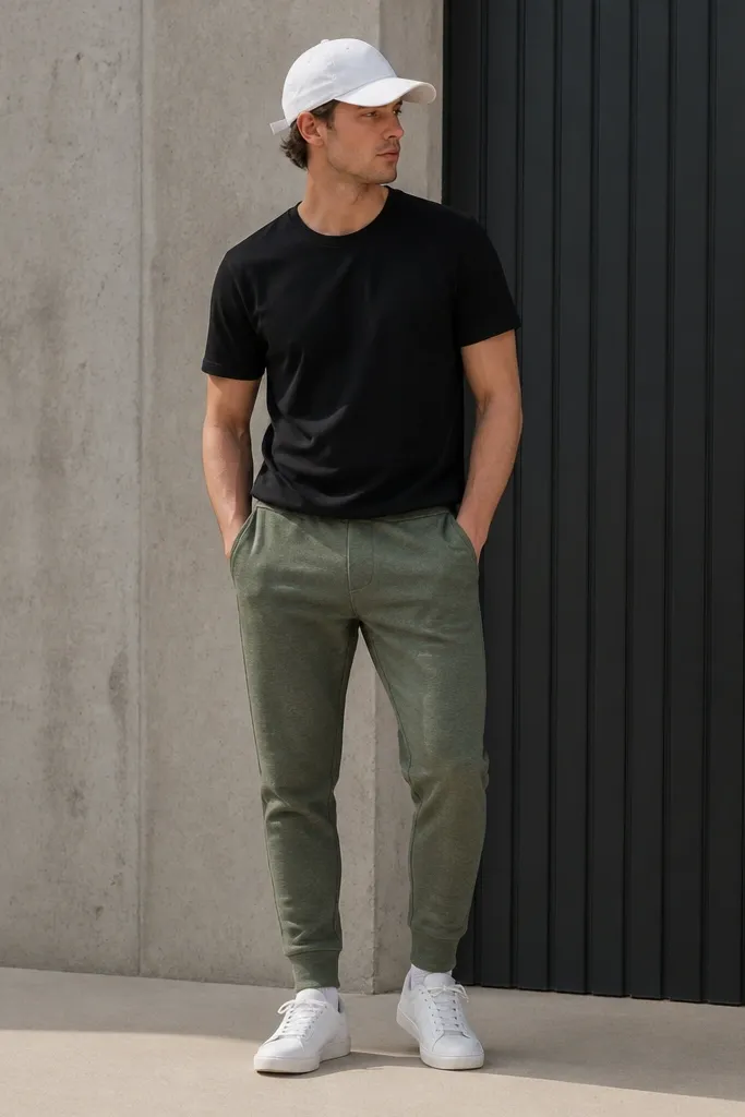 Heather olive Adidas sweatpants with a tapered leg. A plain black t-shirt. White baseball cap. White sneakers. The photo shows a simple, clean color story with a neat hem break.