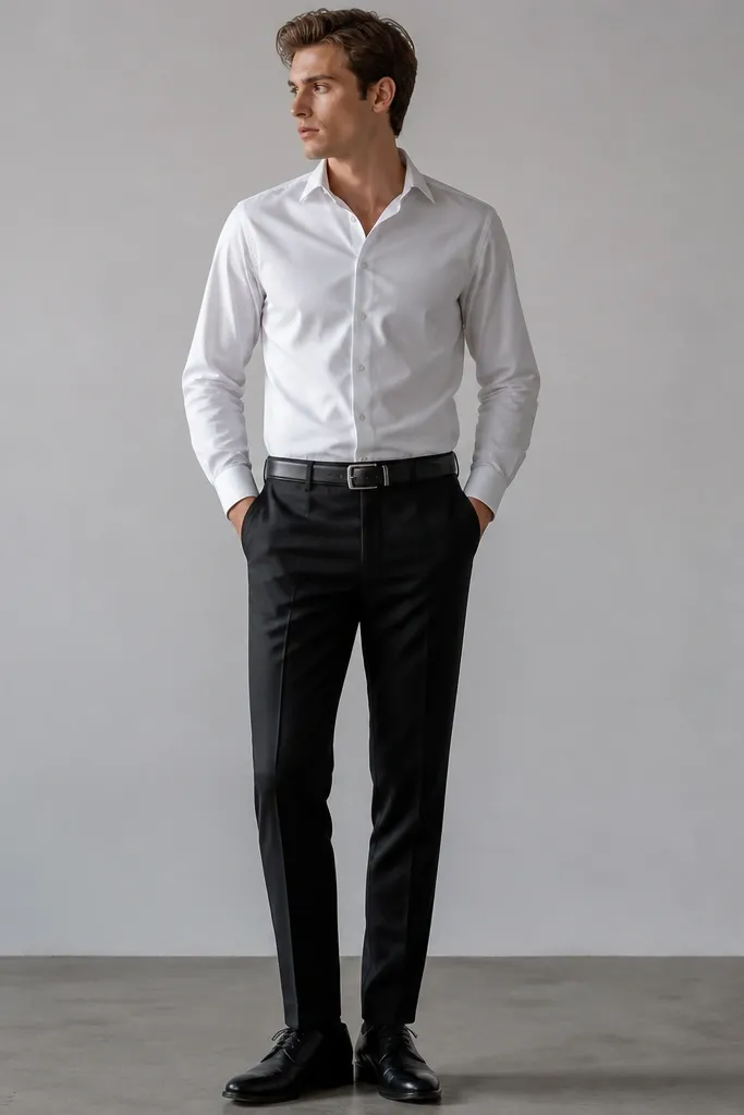 A model wearing a white oxford button-up tucked into black wool dress slacks with a clean crease, black leather derbies, and a black belt. The sleeves are down, collar open, and the look is photographed against a plain studio background.