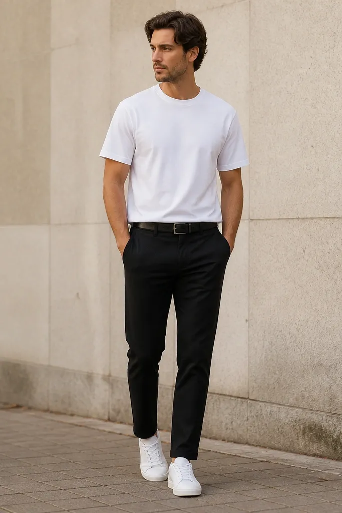 A model in a plain white crew-neck T-shirt tucked slightly into black tapered chinos, wearing bright white low-top sneakers, with a minimal black belt. The pants have a cuffless hem and the outfit is styled casually outdoors.