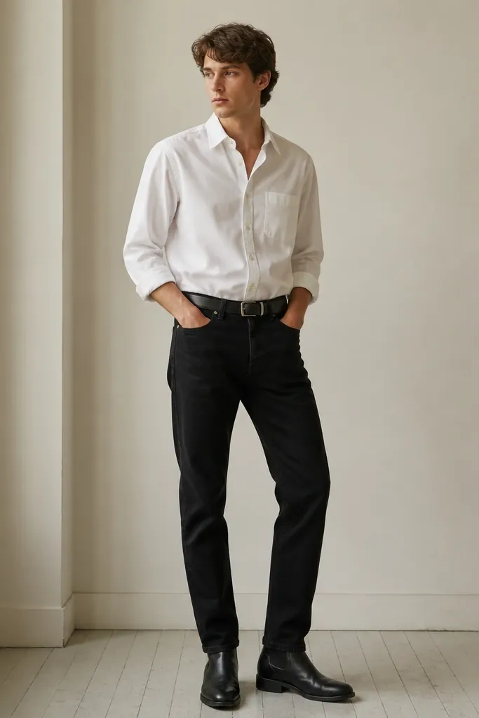 A model wearing a white button-down shirt with sleeves rolled once, tucked into black straight-leg jeans. Black Chelsea boots and a dark belt are visible, with a slightly relaxed stance.